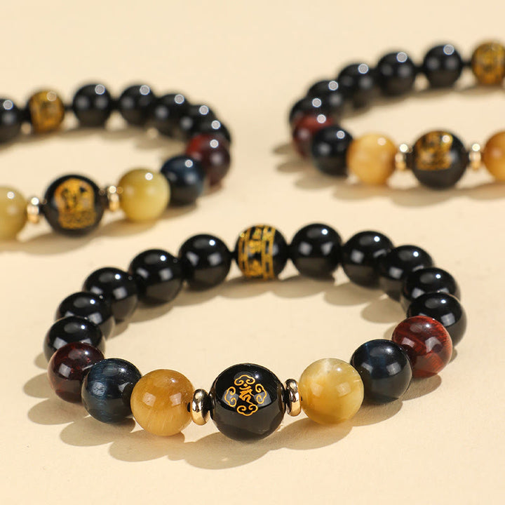 Pulsera de soporte de Buda con Buddha Stones de ónix negro, ojo de tigre, Om Mani Padme Hum, zodíaco chino