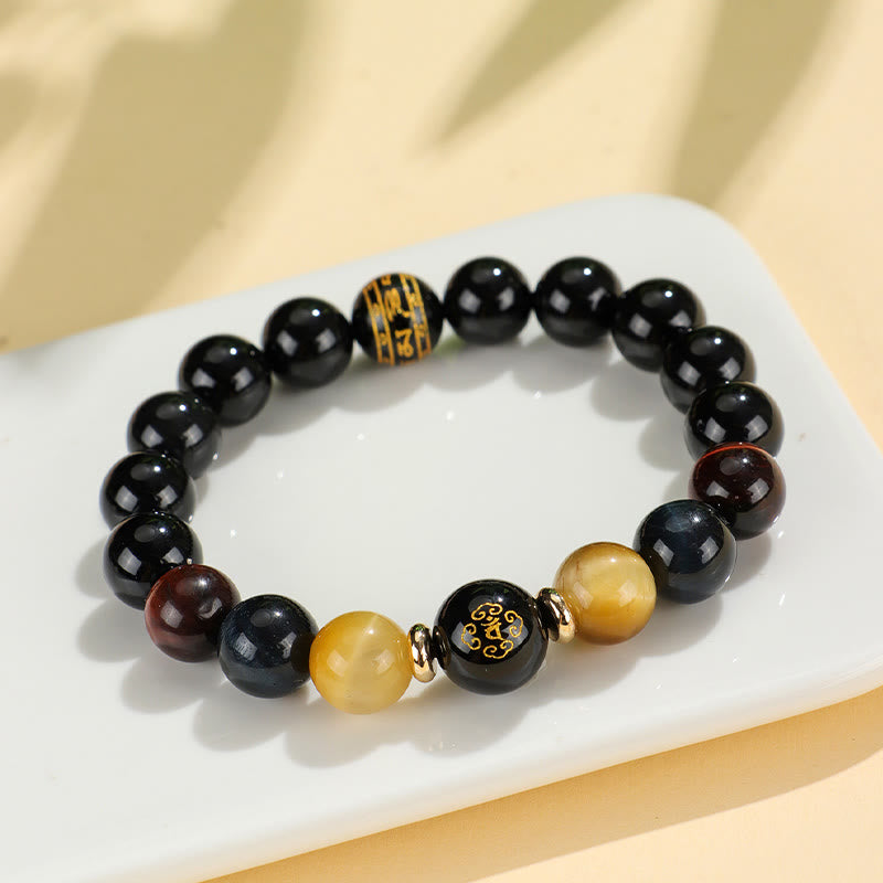Pulsera de soporte de Buda con Buddha Stones de ónix negro, ojo de tigre, Om Mani Padme Hum, zodíaco chino