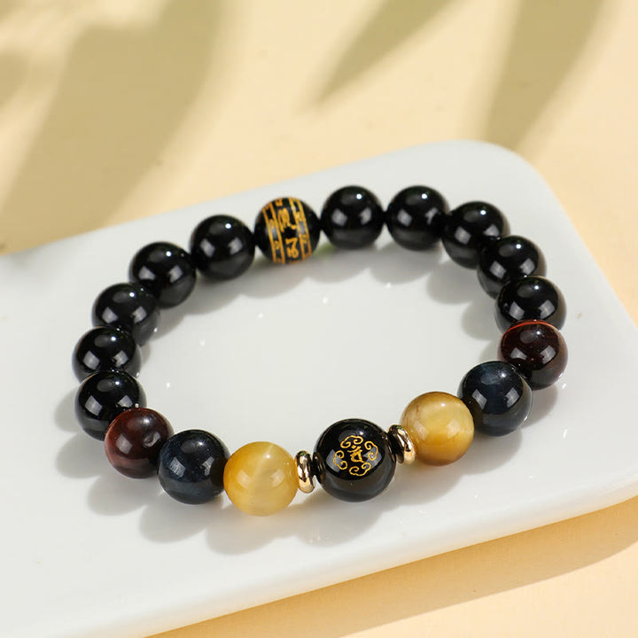 Pulsera de soporte de Buda con Buddha Stones de ónix negro, ojo de tigre, Om Mani Padme Hum, zodíaco chino
