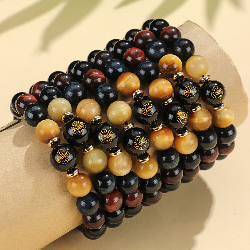 Pulsera de soporte de Buda con Buddha Stones de ónix negro, ojo de tigre, Om Mani Padme Hum, zodíaco chino