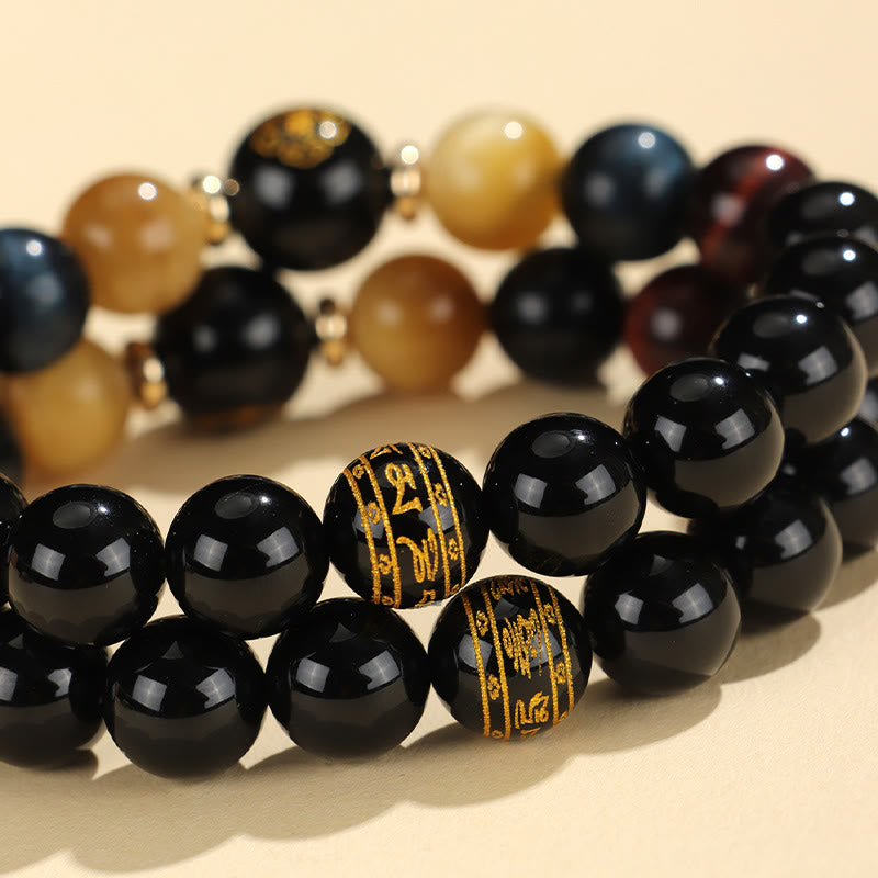 Pulsera de soporte de Buda con Buddha Stones de ónix negro, ojo de tigre, Om Mani Padme Hum, zodíaco chino