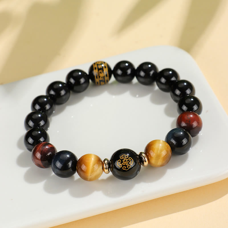 Pulsera de soporte de Buda con Buddha Stones de ónix negro, ojo de tigre, Om Mani Padme Hum, zodíaco chino