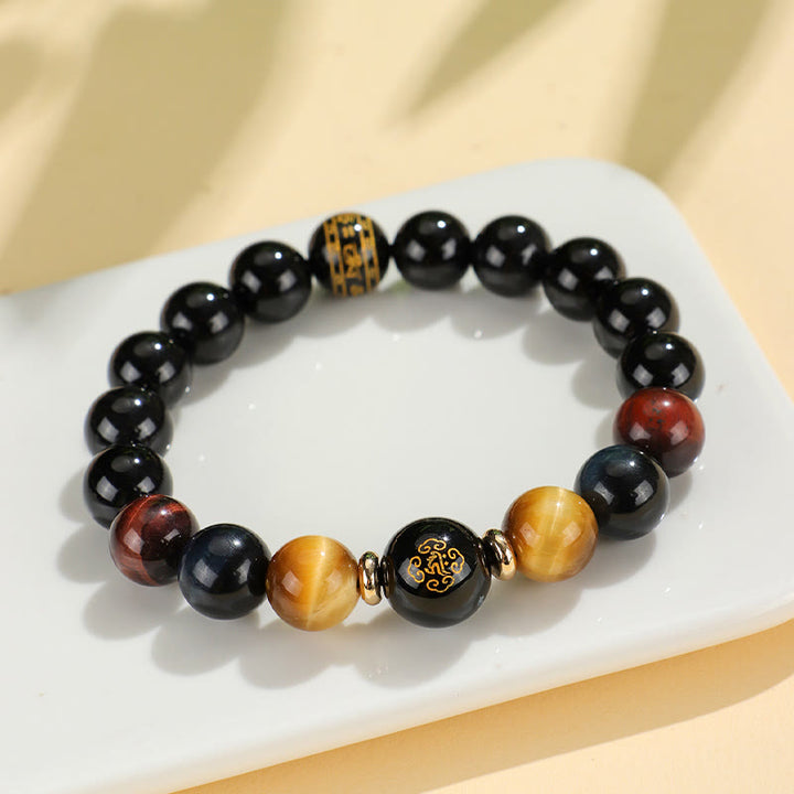 Pulsera de soporte de Buda con Buddha Stones de ónix negro, ojo de tigre, Om Mani Padme Hum, zodíaco chino