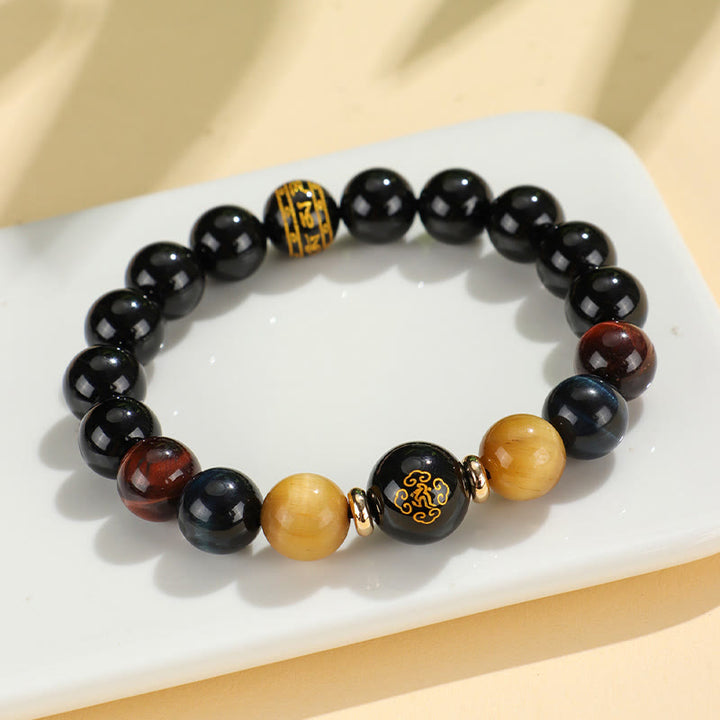Pulsera de soporte de Buda con Buddha Stones de ónix negro, ojo de tigre, Om Mani Padme Hum, zodíaco chino