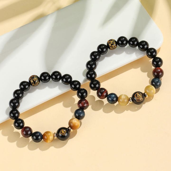 Pulsera de soporte de Buda con Buddha Stones de ónix negro, ojo de tigre, Om Mani Padme Hum, zodíaco chino