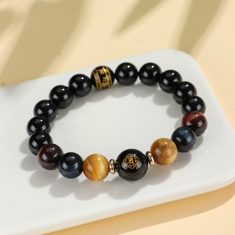 Pulsera de soporte de Buda con Buddha Stones de ónix negro, ojo de tigre, Om Mani Padme Hum, zodíaco chino