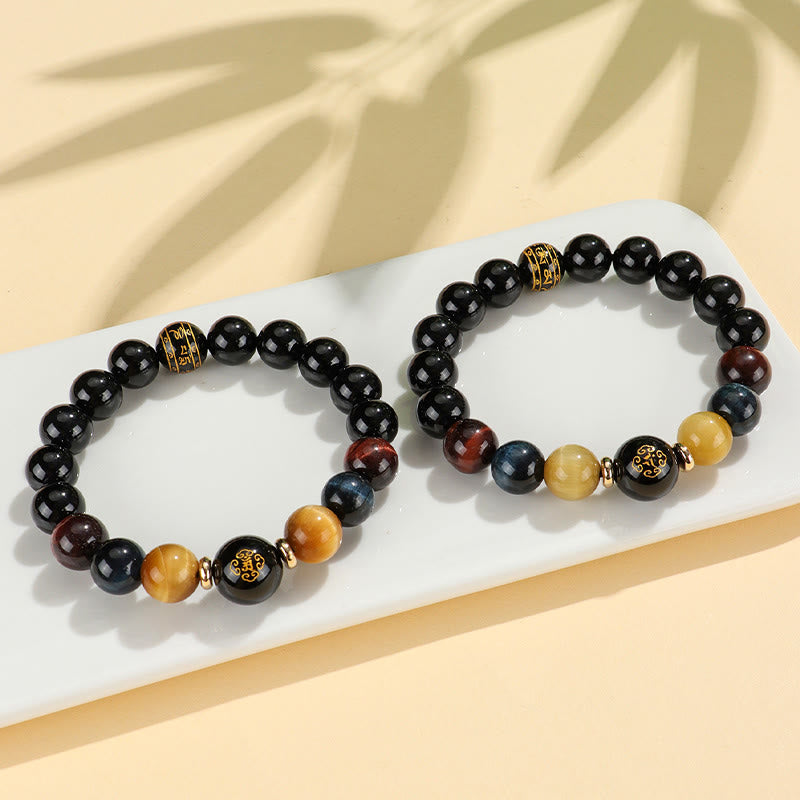 Pulsera de soporte de Buda con Buddha Stones de ónix negro, ojo de tigre, Om Mani Padme Hum, zodíaco chino