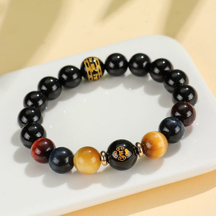 Pulsera de soporte de Buda con Buddha Stones de ónix negro, ojo de tigre, Om Mani Padme Hum, zodíaco chino