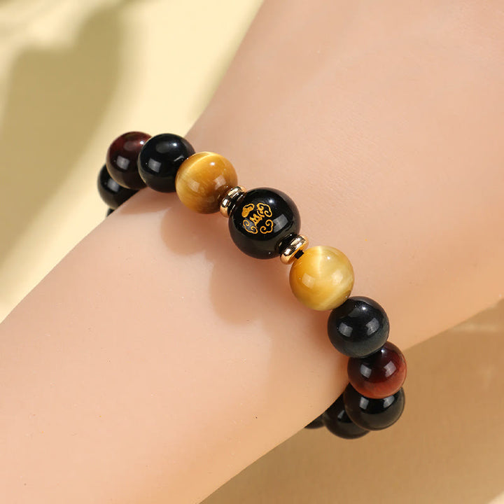 Pulsera de soporte de Buda con Buddha Stones de ónix negro, ojo de tigre, Om Mani Padme Hum, zodíaco chino