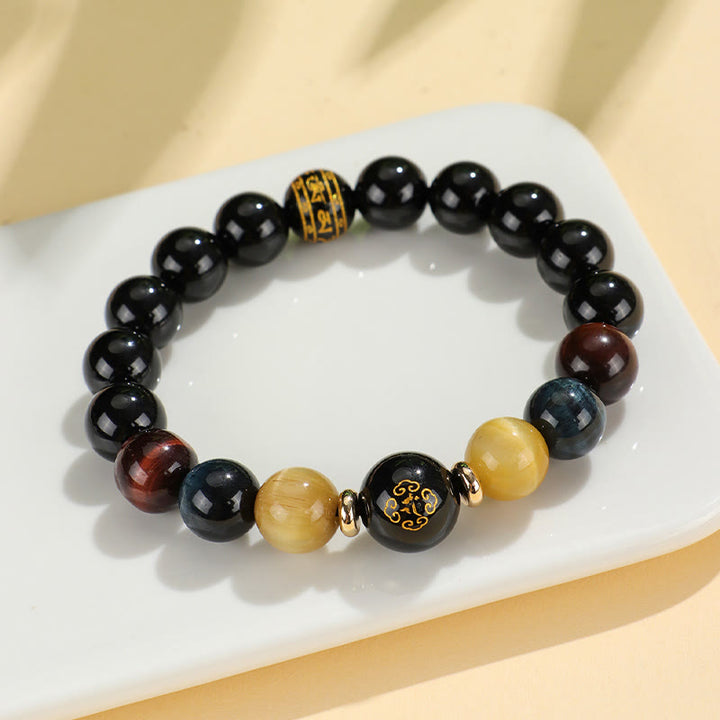 Pulsera de soporte de Buda con Buddha Stones de ónix negro, ojo de tigre, Om Mani Padme Hum, zodíaco chino