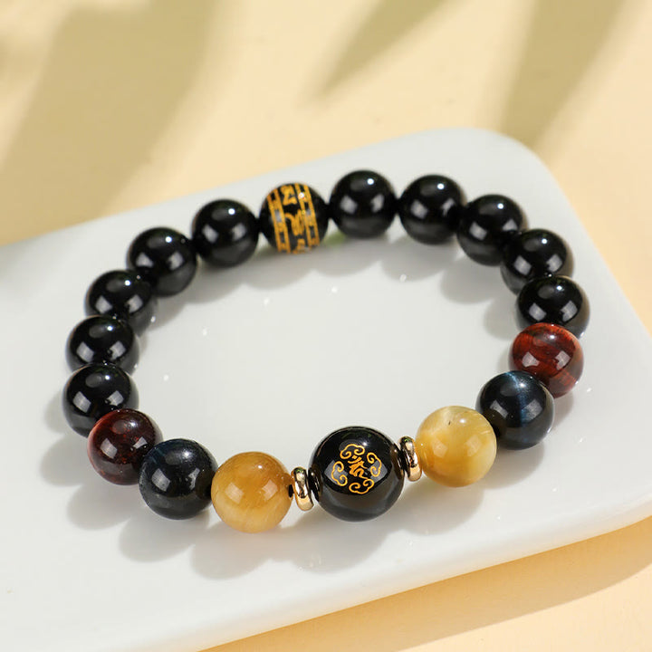 Pulsera de soporte de Buda con Buddha Stones de ónix negro, ojo de tigre, Om Mani Padme Hum, zodíaco chino
