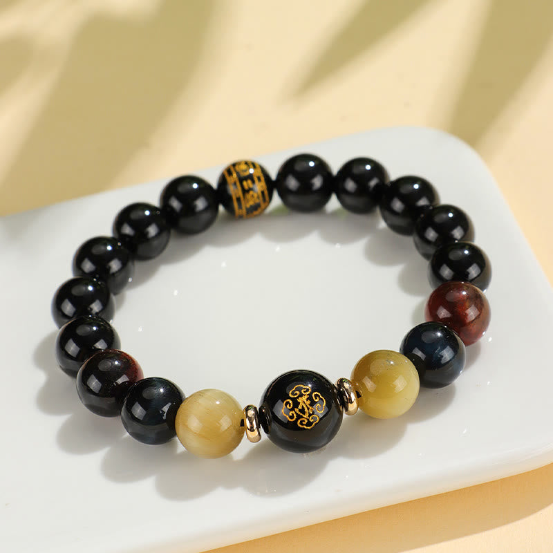 Pulsera de soporte de Buda con Buddha Stones de ónix negro, ojo de tigre, Om Mani Padme Hum, zodíaco chino