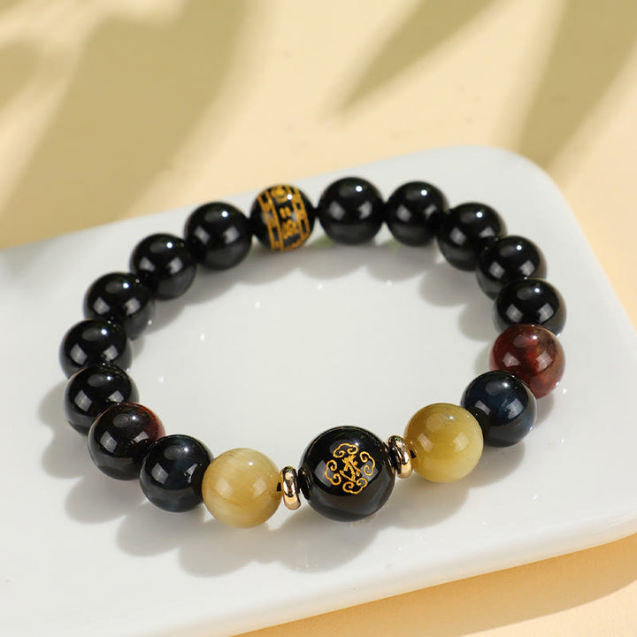 Pulsera de soporte de Buda con Buddha Stones de ónix negro, ojo de tigre, Om Mani Padme Hum, zodíaco chino