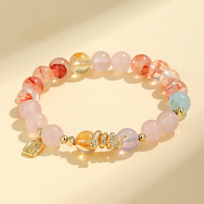 Pulsera de la suerte del año de la serpiente con Buddha Stones, varios cristales, cristal rosa y amatista - Cristal rosa (circunferencia de la muñeca: 14-16,5 cm) - image 0