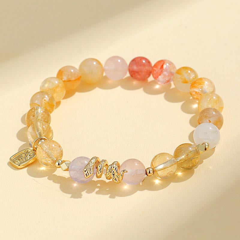 Pulsera de la suerte del año de la serpiente con Buddha Stones, varios cristales, cristal rosa y amatista