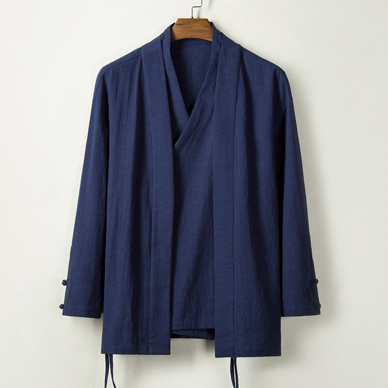 Chaqueta de lino y algodón para hombre con diseño de Hanfu chino con Buddha Stones - Azul acero - US/UK/AU44, EU54 (4XL) - image 0