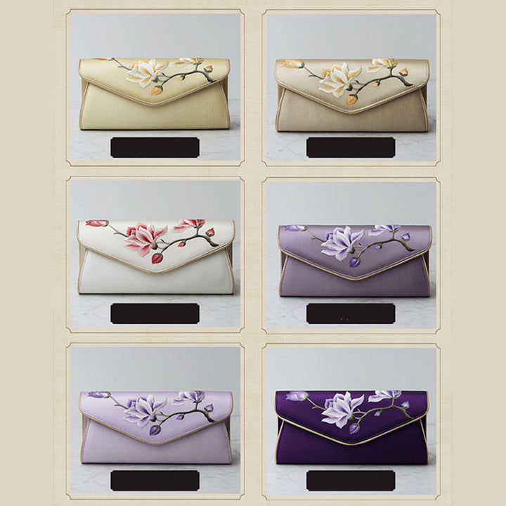 Bolso de mano con bordado de magnolia y Buddha Stones para bodas