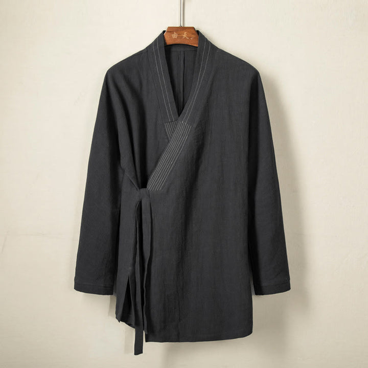 Chaqueta de lino y algodón con cordones para hombre, sencilla , con Buddha Stones , para otoño, ropa zen - Negro - US/UK/AU44, EU54 (4XL) - image 0