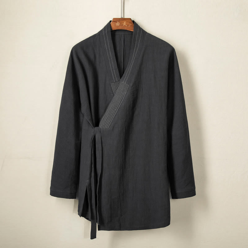 Chaqueta de lino y algodón con cordones para hombre, sencilla , con Buddha Stones , para otoño, ropa zen - Negro - US/UK/AU44, EU54 (4XL) - image 0