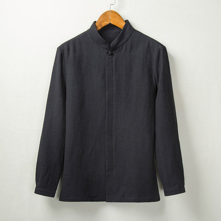 Camisa de manga larga con botones de algodón y lino con estampado de Buddha Stones para hombre - Negro - US/UK/AU44, EU54 (4XL) - image 4