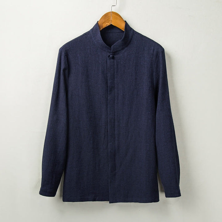 Camisa de manga larga con botones de algodón y lino con estampado de Buddha Stones para hombre - Azul acero - US/UK/AU44, EU54 (4XL) - image 6