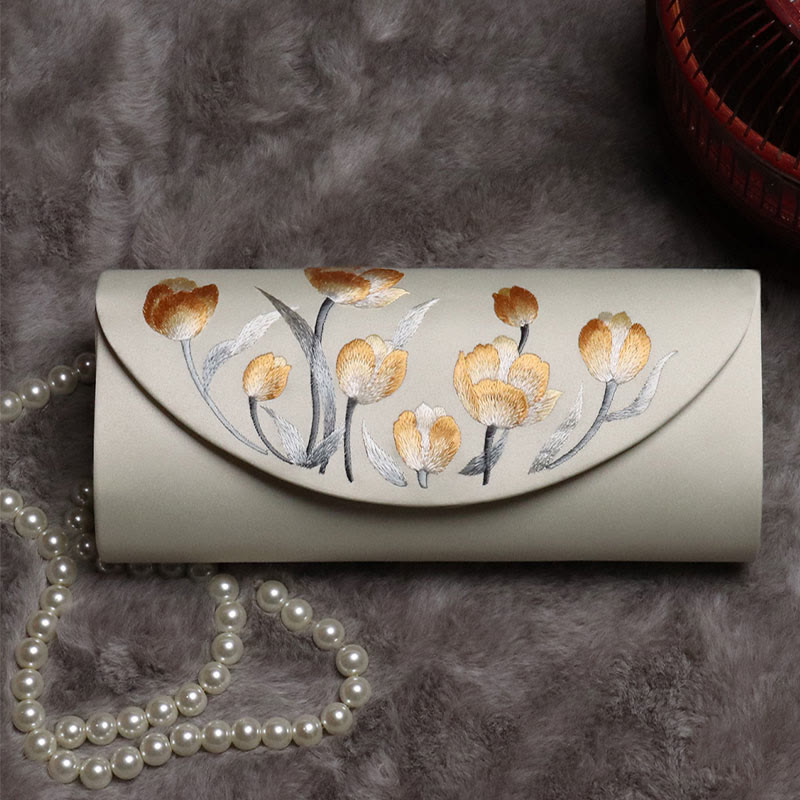 Bolso de mano con diseño de Buddha Stones y tulipán bordado en forma de flor para bodas