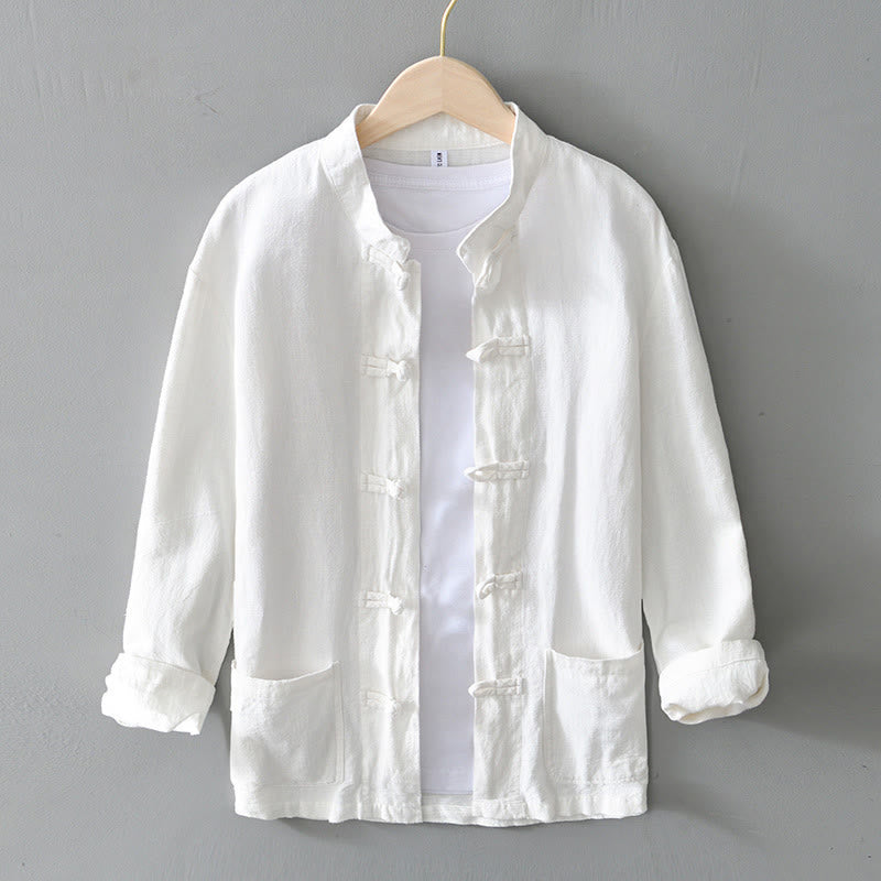 Camisa de hombre de lino y algodón con bolsillos, estilo chino Tang, con estampado de Buddha Stones y botones de rana. - Blanco - US/UK/AU50, EU60 (5XL) - image 6