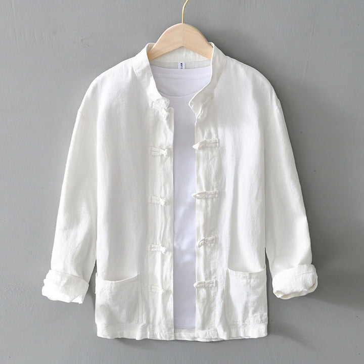 Camisa de hombre de lino y algodón con bolsillos, estilo chino Tang, con estampado de Buddha Stones y botones de rana. - Blanco - US/UK/AU50, EU60 (5XL) - image 6