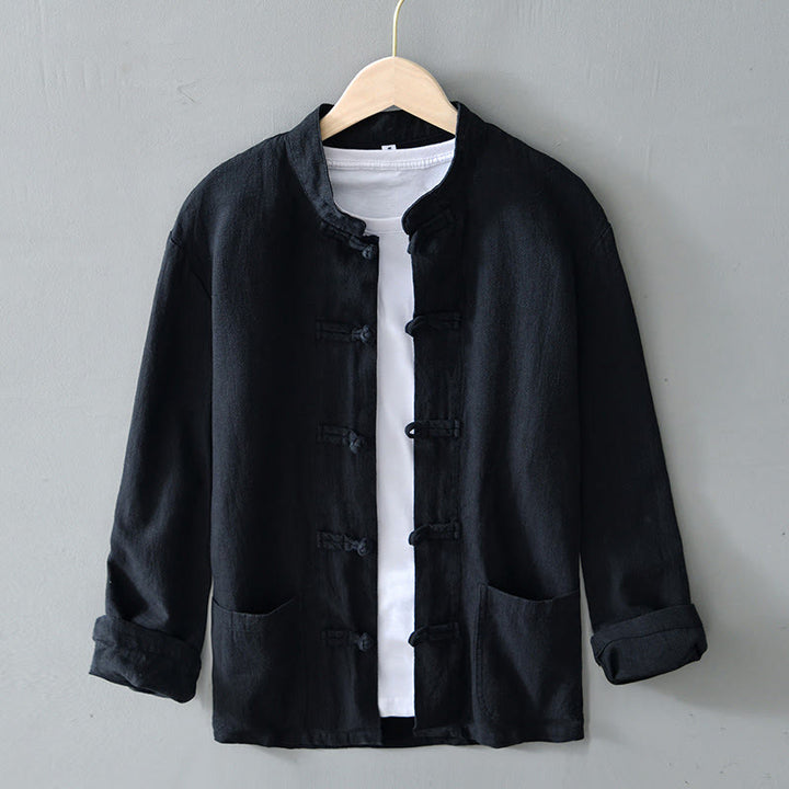 Camisa de hombre de lino y algodón con bolsillos, estilo chino Tang, con estampado de Buddha Stones y botones de rana. - Negro - US/UK/AU50, EU60 (5XL) - image 13