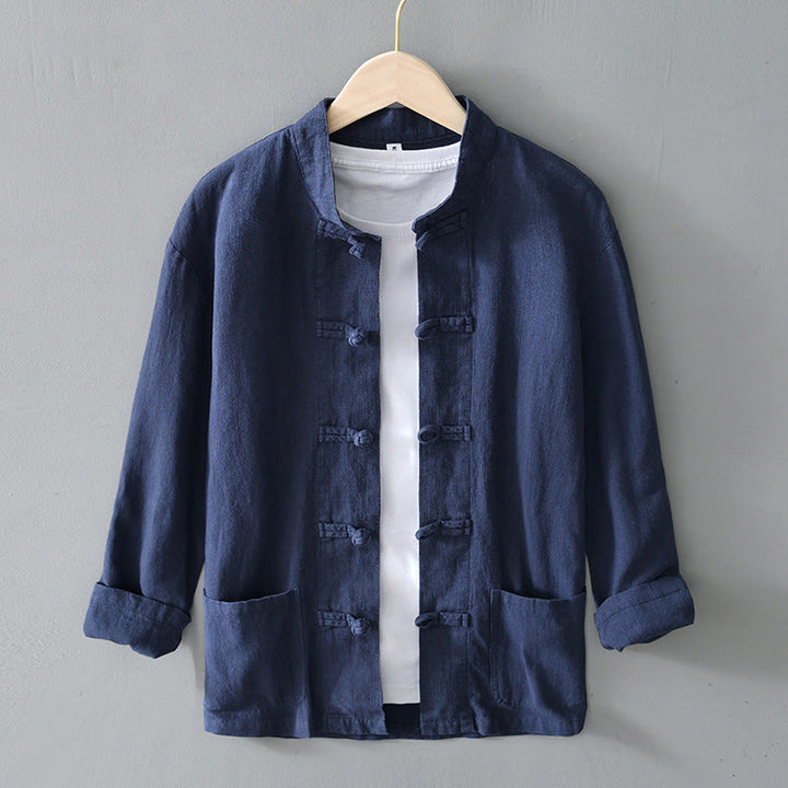 Camisa de hombre de lino y algodón con bolsillos, estilo chino Tang, con estampado de Buddha Stones y botones de rana. - Azul acero - US/UK/AU50, EU60 (5XL) - image 29