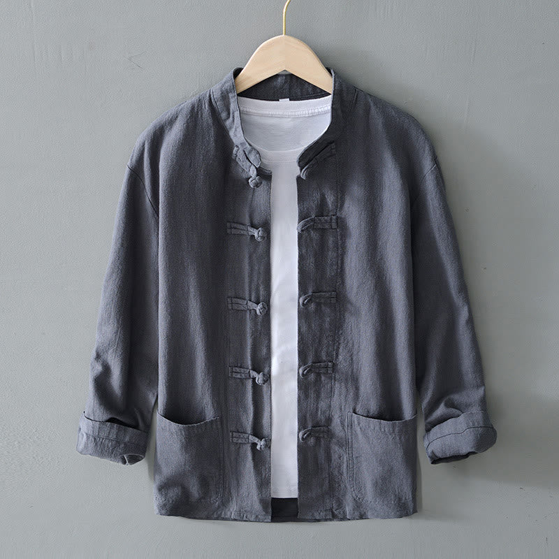 Camisa de hombre de lino y algodón con bolsillos, estilo chino Tang, con estampado de Buddha Stones y botones de rana. - Gris - US/UK/AU50, EU60 (5XL) - image 0