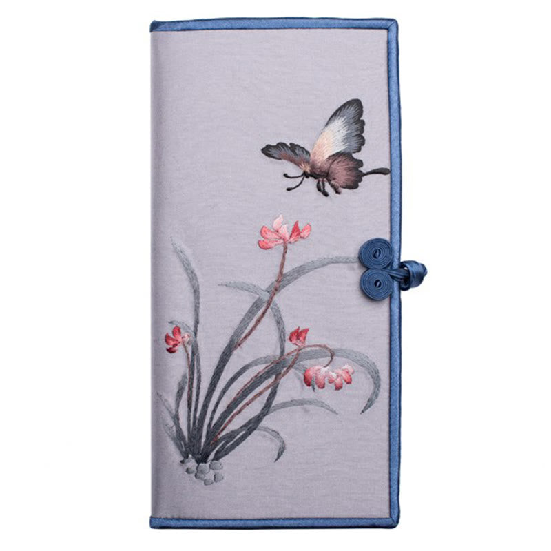 Bolso de mano con bordado de orquídea y mariposa con Buddha Stones