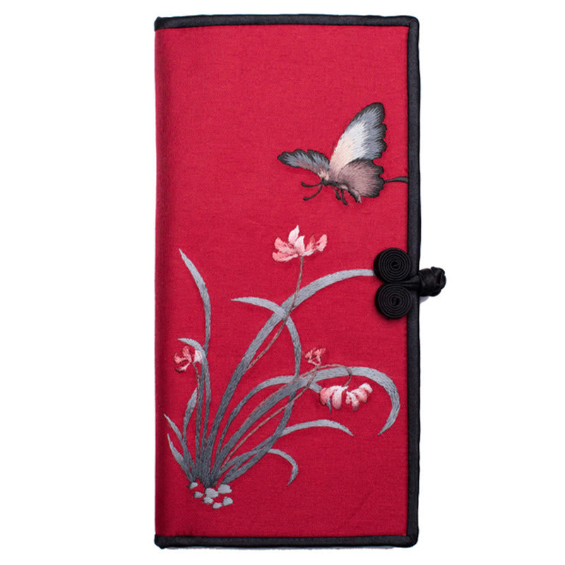 Bolso de mano con bordado de orquídea y mariposa con Buddha Stones