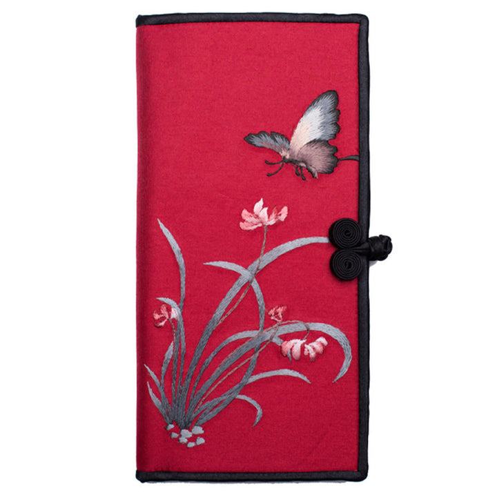 Bolso de mano con bordado de orquídea y mariposa con Buddha Stones