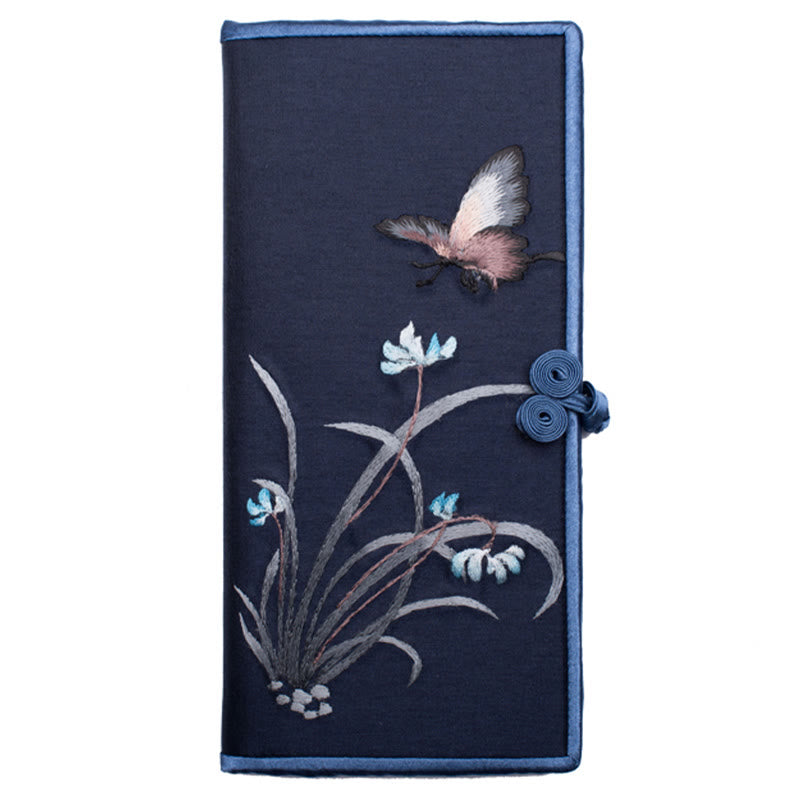 Bolso de mano con bordado de orquídea y mariposa con Buddha Stones