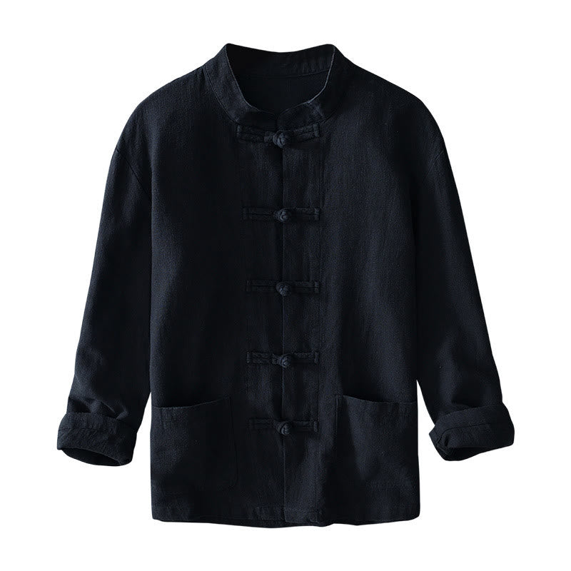 Camisa de hombre de lino y algodón con bolsillos, estilo chino Tang, con estampado de Buddha Stones y botones de rana. - image 21