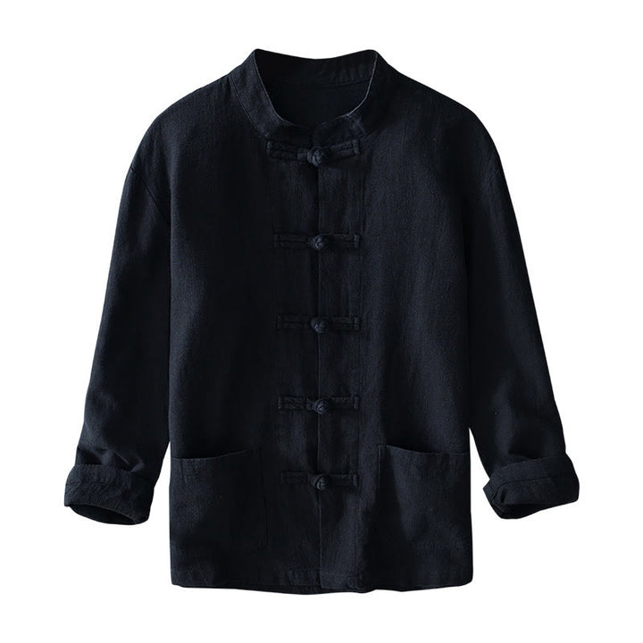 Camisa de hombre de lino y algodón con bolsillos, estilo chino Tang, con estampado de Buddha Stones y botones de rana. - image 21