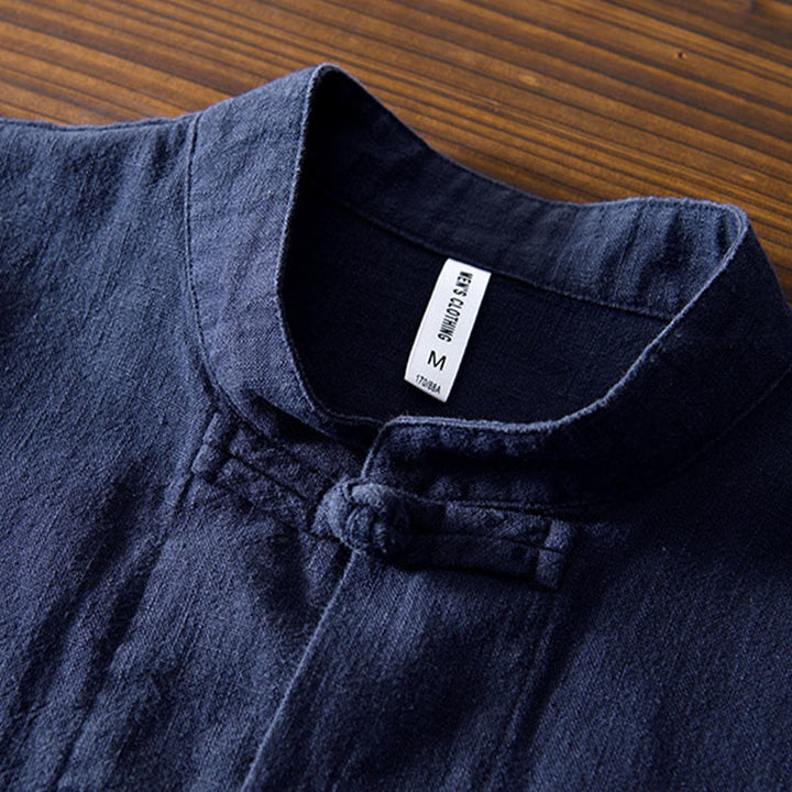 Camisa de hombre de lino y algodón con bolsillos, estilo chino Tang, con estampado de Buddha Stones y botones de rana. - image 29