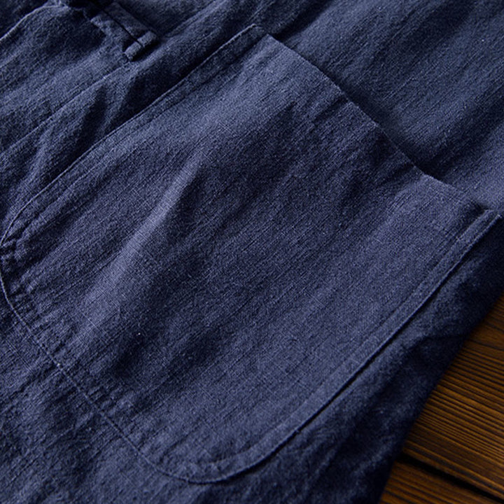 Camisa de hombre de lino y algodón con bolsillos, estilo chino Tang, con estampado de Buddha Stones y botones de rana. - image 31