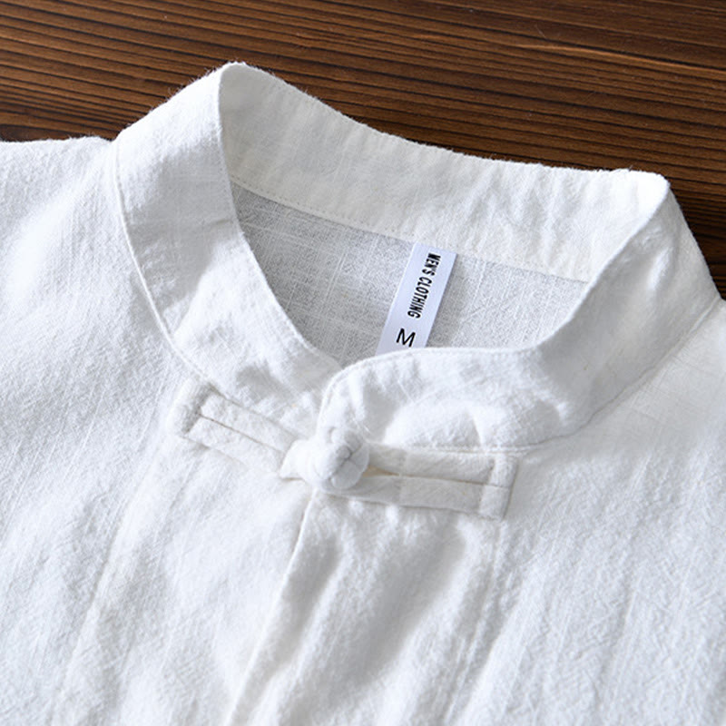 Camisa de hombre de lino y algodón con bolsillos, estilo chino Tang, con estampado de Buddha Stones y botones de rana. - image 7