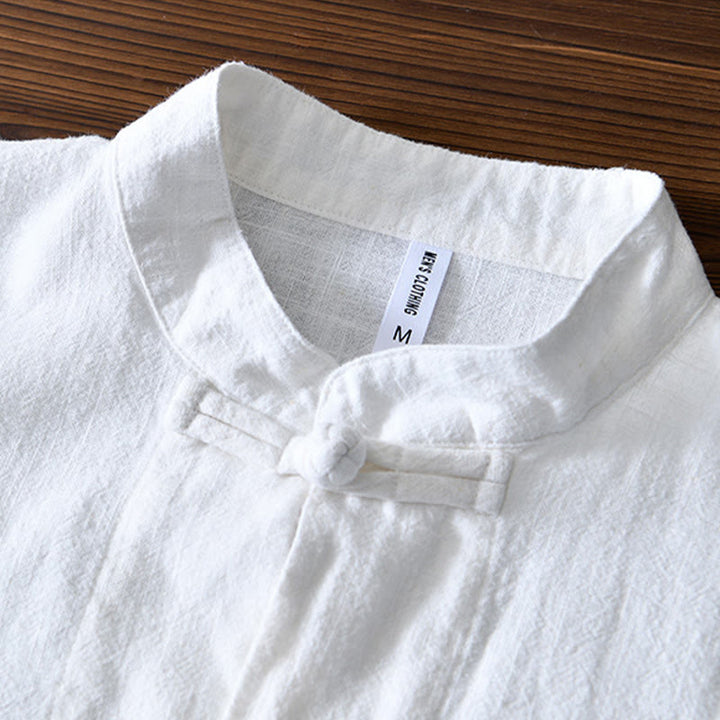Camisa de hombre de lino y algodón con bolsillos, estilo chino Tang, con estampado de Buddha Stones y botones de rana. - image 7