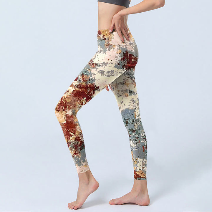 Leggings de ejercicio con estampado abstracto de Buddha Stones en color beige, rojo y gris para mujer - image 3