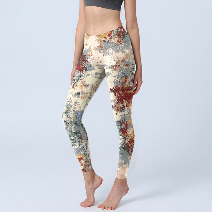Leggings de ejercicio con estampado abstracto de Buddha Stones en color beige, rojo y gris para mujer - Beige - US18，UK/AU22，EU50 (4XL) - image 0