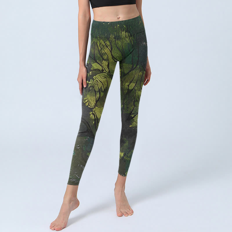 Leggings de ejercicio con estampado de líneas negras y hojas verdes de bosque y Buddha Stones para mujer - image 6