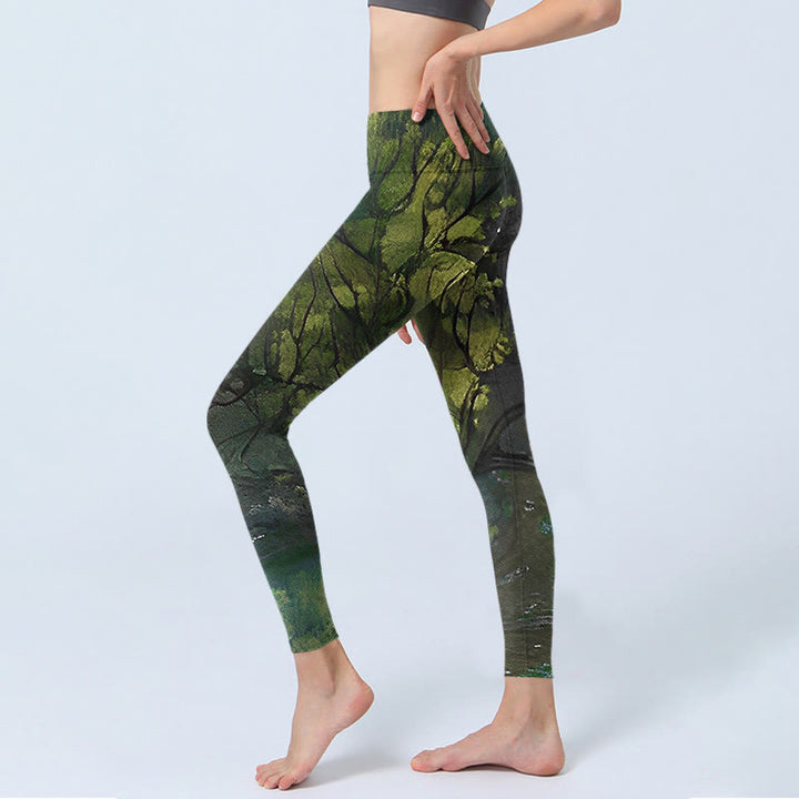 Leggings de ejercicio con estampado de líneas negras y hojas verdes de bosque y Buddha Stones para mujer - image 2