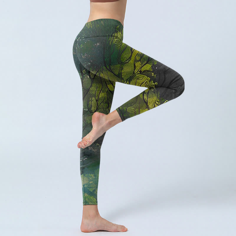 Leggings de ejercicio con estampado de líneas negras y hojas verdes de bosque y Buddha Stones para mujer - image 3