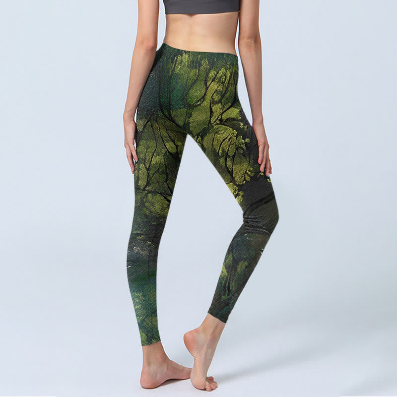 Leggings de ejercicio con estampado de líneas negras y hojas verdes de bosque y Buddha Stones para mujer - image 4