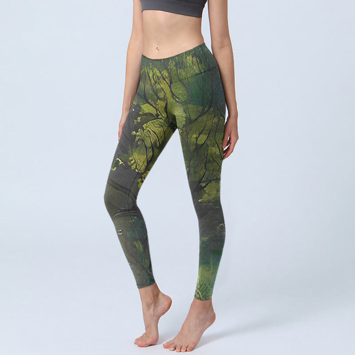 Leggings de ejercicio con estampado de líneas negras y hojas verdes de bosque y Buddha Stones para mujer - Verde bosque - US18，UK/AU22，EU50 (4XL) - image 0