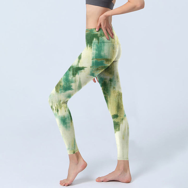 Leggings de ejercicio con estampado tie dye en beige y verde de Buddha Stones para mujer - image 2