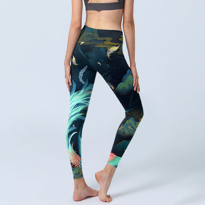 Pantalones de yoga para mujer con diseño de plumas de fénix y montañas de Buddha Stones - image 4